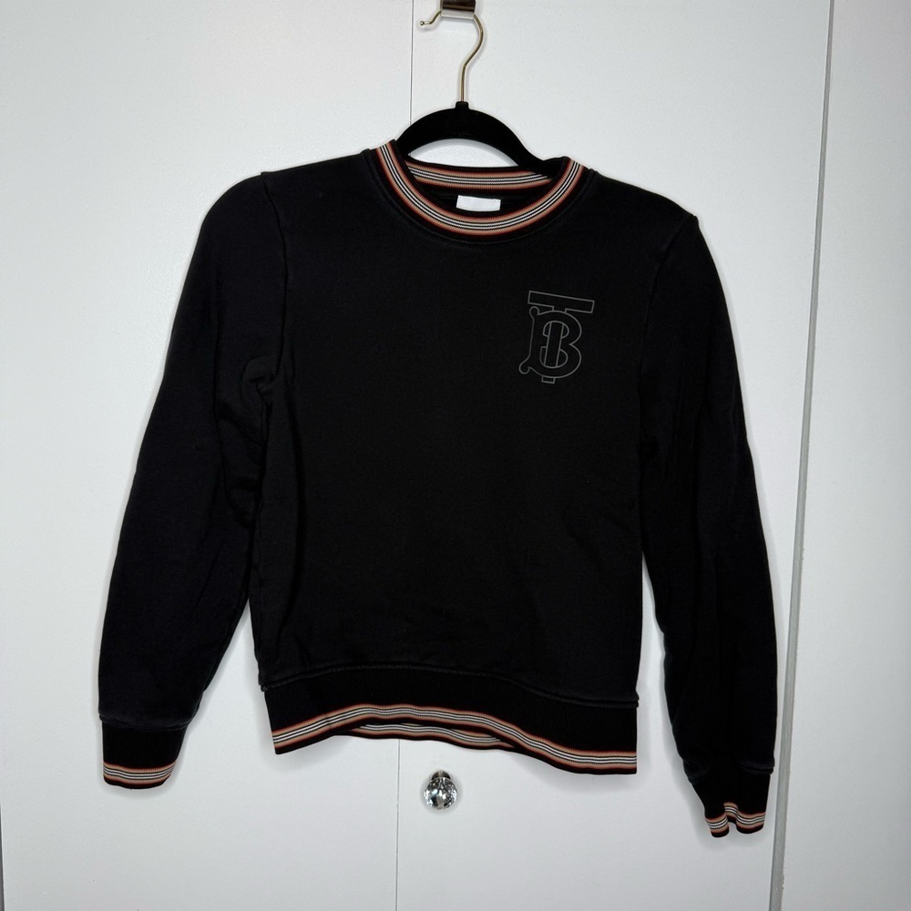Burberry Black Crewneck Sweatshirt with Striped Accents and Logo - Size 12 Youth - Picture 2 of 8